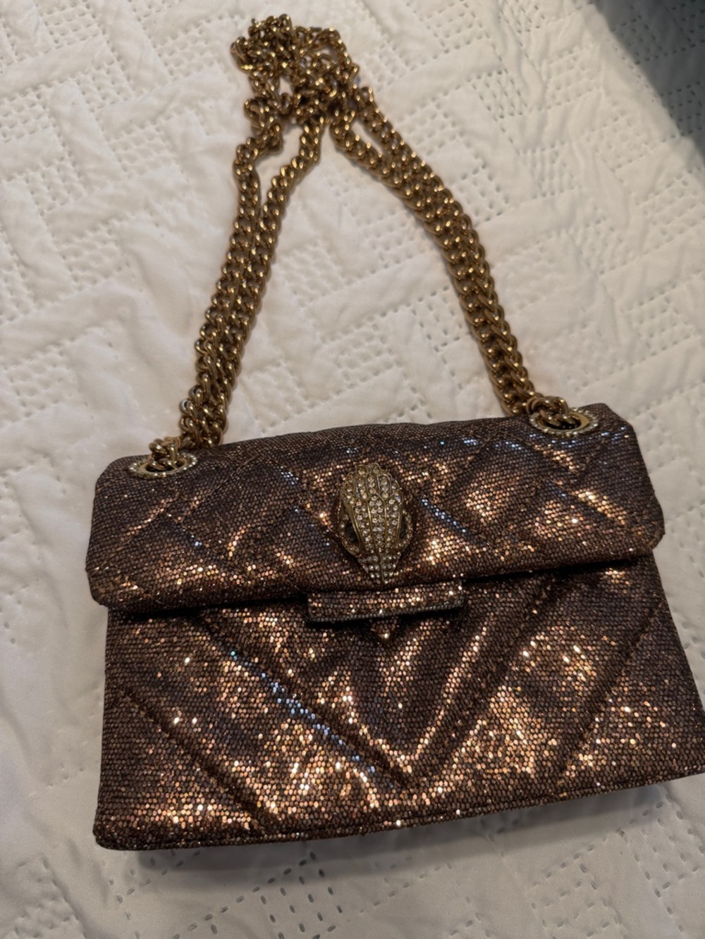 Kurt Geiger Bronze Glitter Quilted Shoulder Bag with Gold Chain